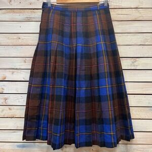Vintage Miss Helen Italia Wool Tartan Plaid Pleated Midi Skirt Dark Academia S/M